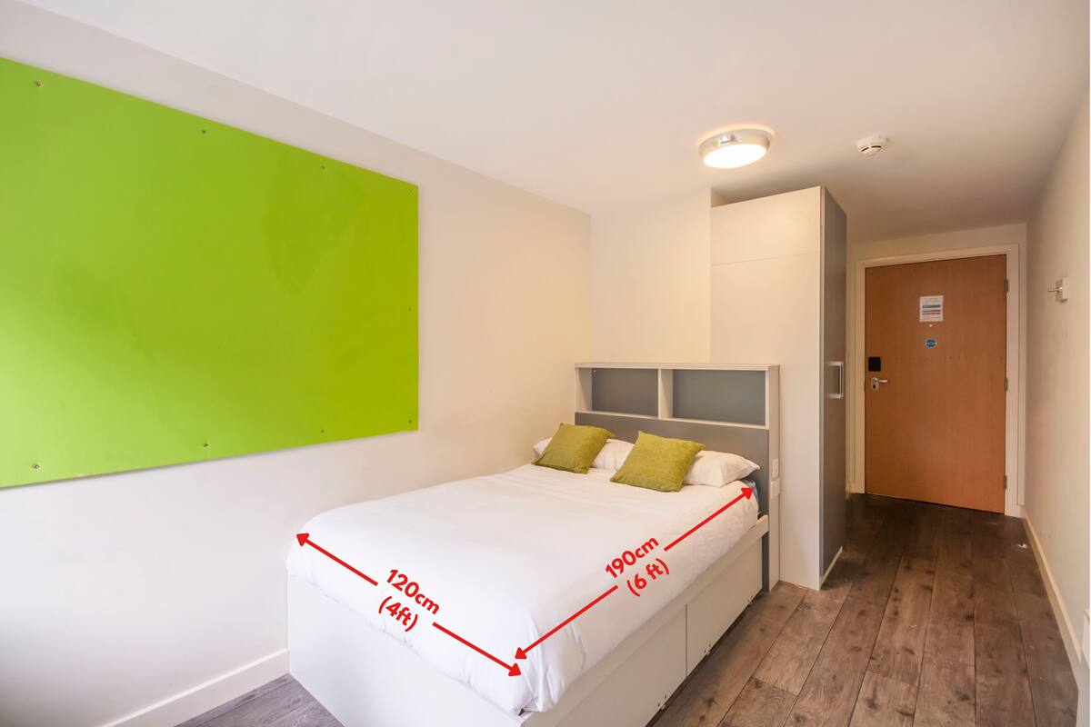 A bedroom with a bed measuring 120cm by 190cm, a green accent wall, and a wooden floor.