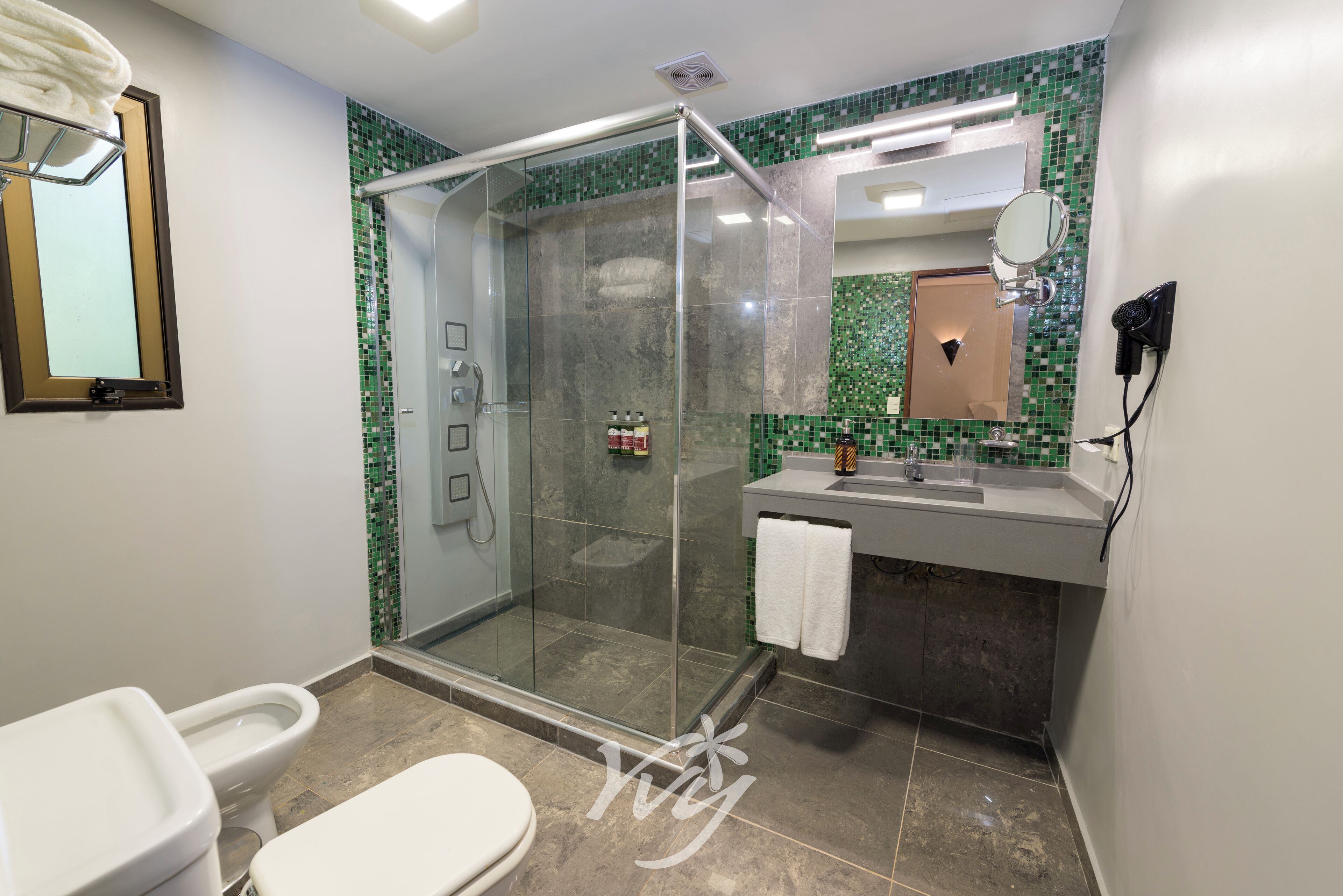 shower, rainfall showerhead, hair dryer, towels