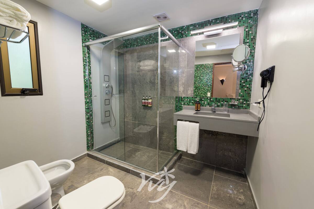 shower, rainfall showerhead, hair dryer, towels