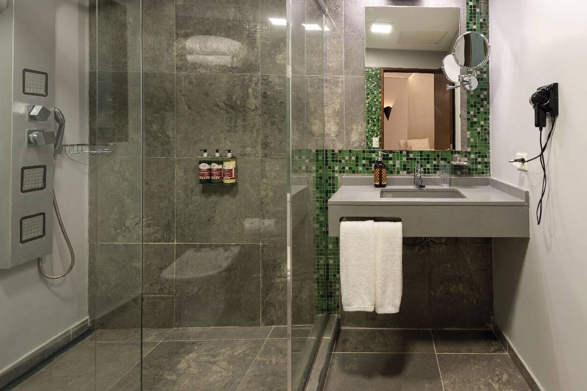 shower, rainfall showerhead, hair dryer, towels