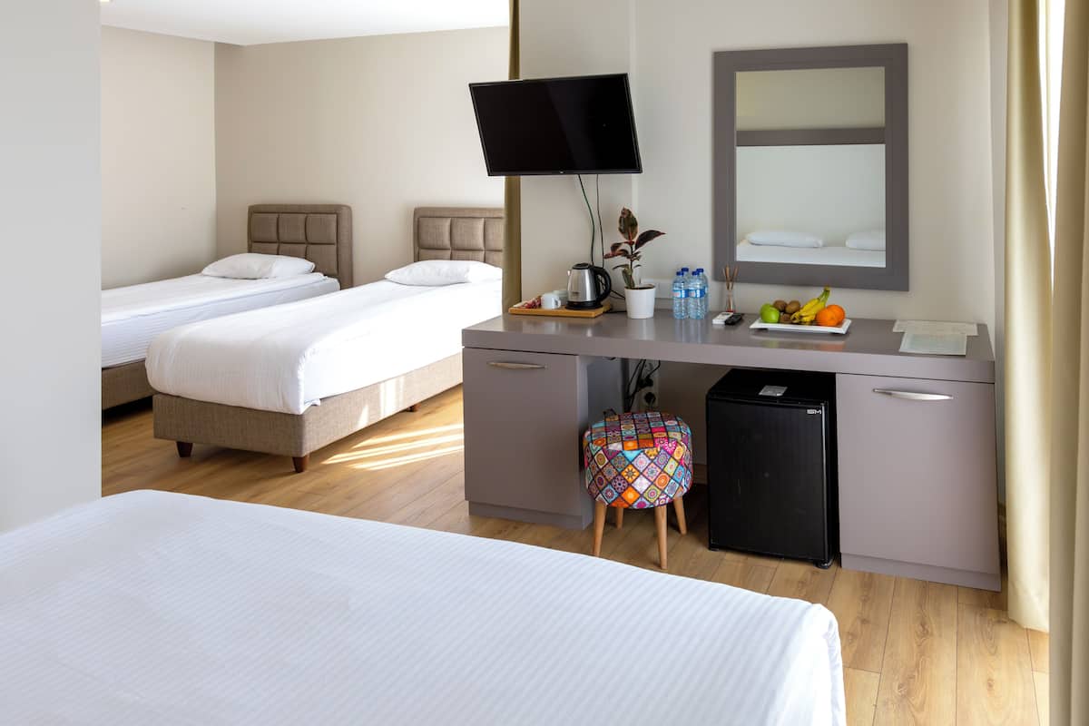A hotel room with two beds, a desk with a television, a small refrigerator, and a plant.