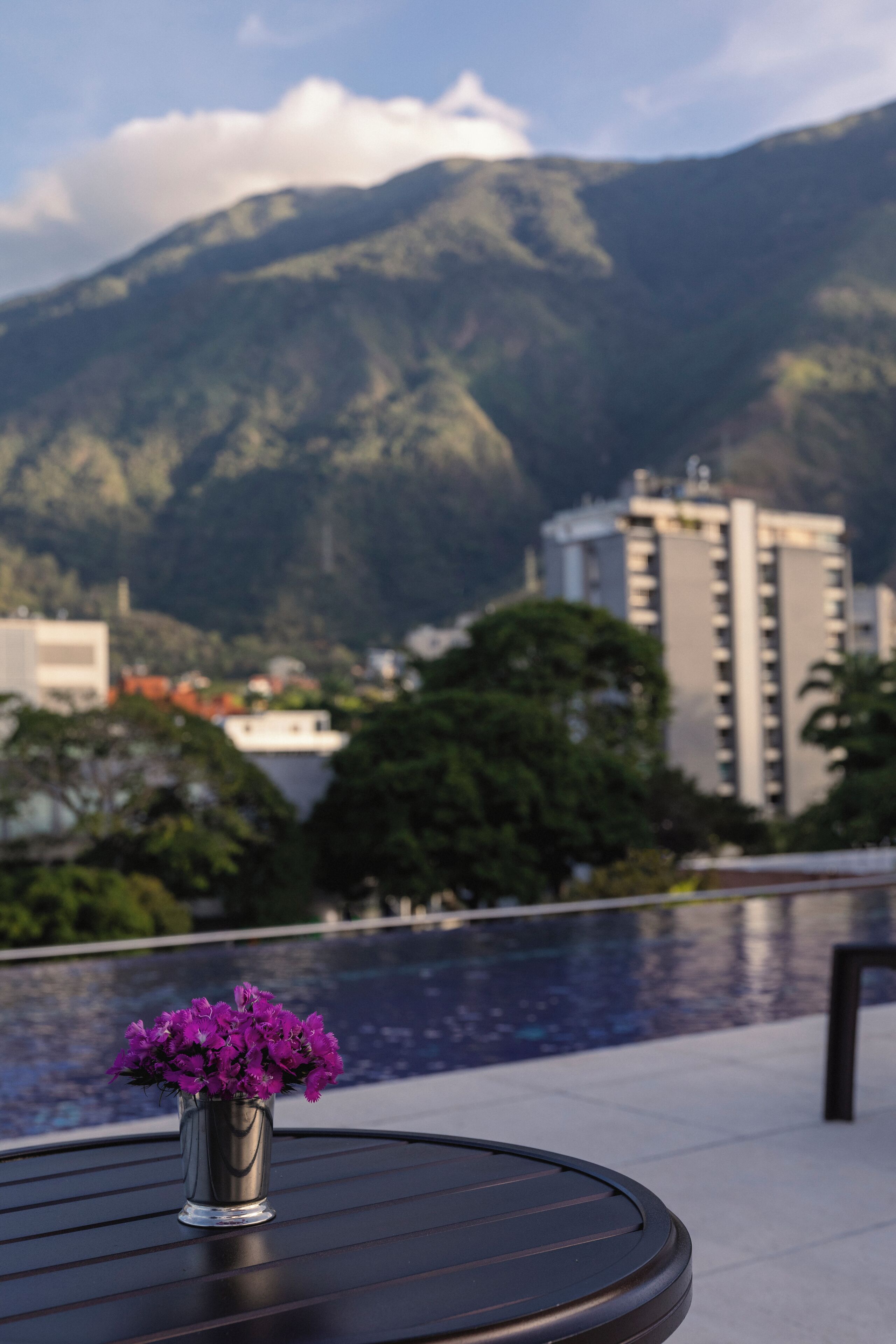 A poolside table with a vase of purple flowers, overlooking a pool and a mountainous landscape with buildings in the background.