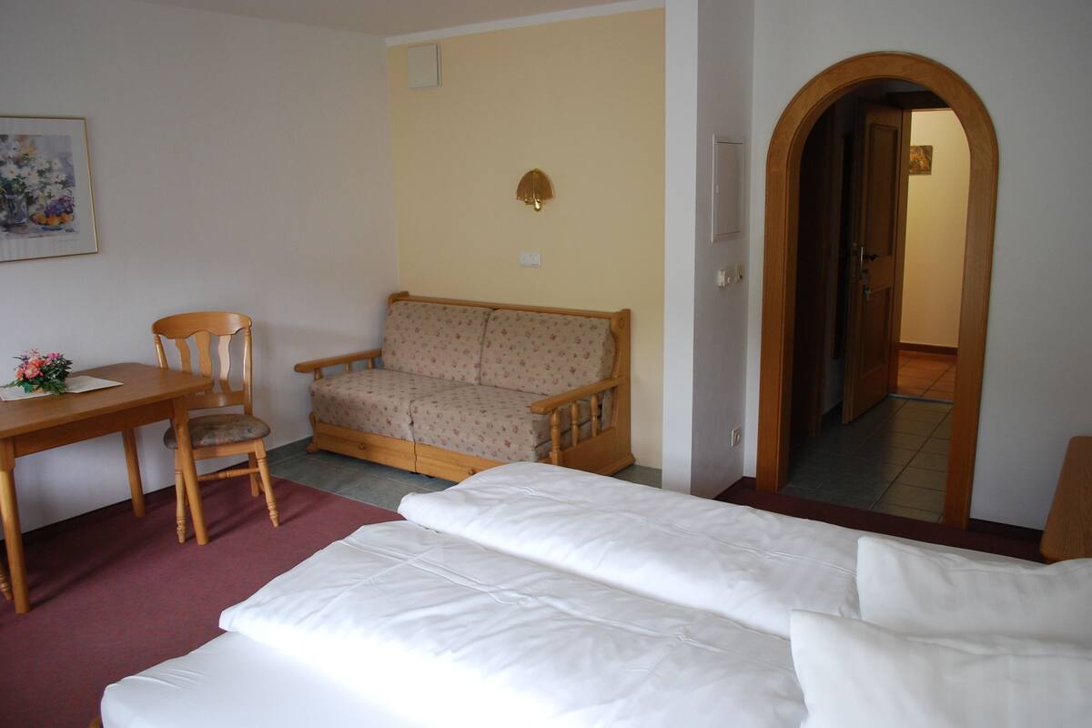 Ein Zimmer mit einem Bett, einem Holztisch, einem Stuhl und einer Couch.