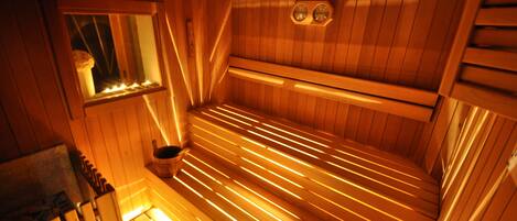 A sauna with wooden benches and a window.