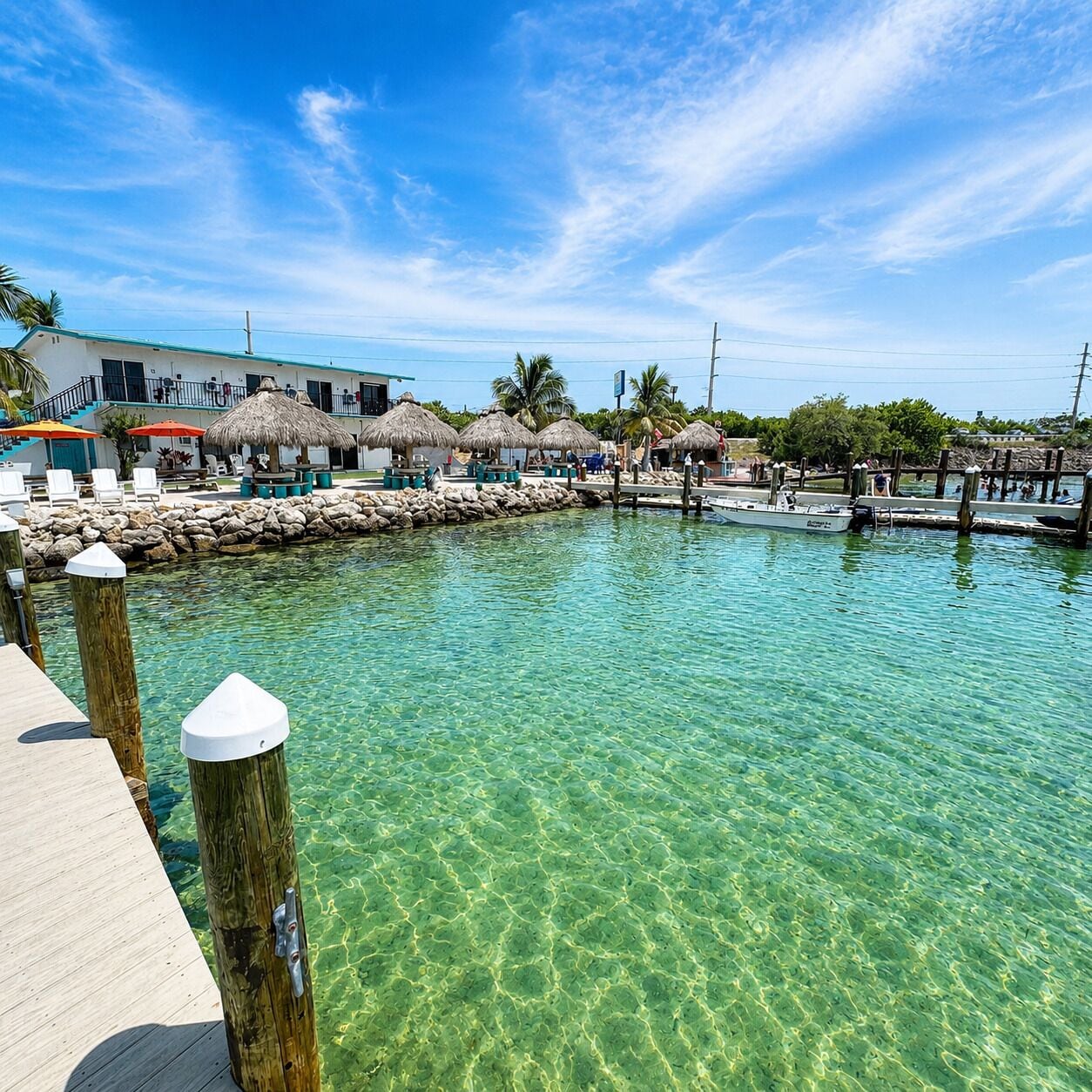 A clear waterfront area with a dock, thatched-roof structures, and a pool.