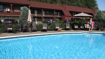 Outdoor pool, open 10:00 AM to 8:00 PM, pool umbrellas, pool loungers