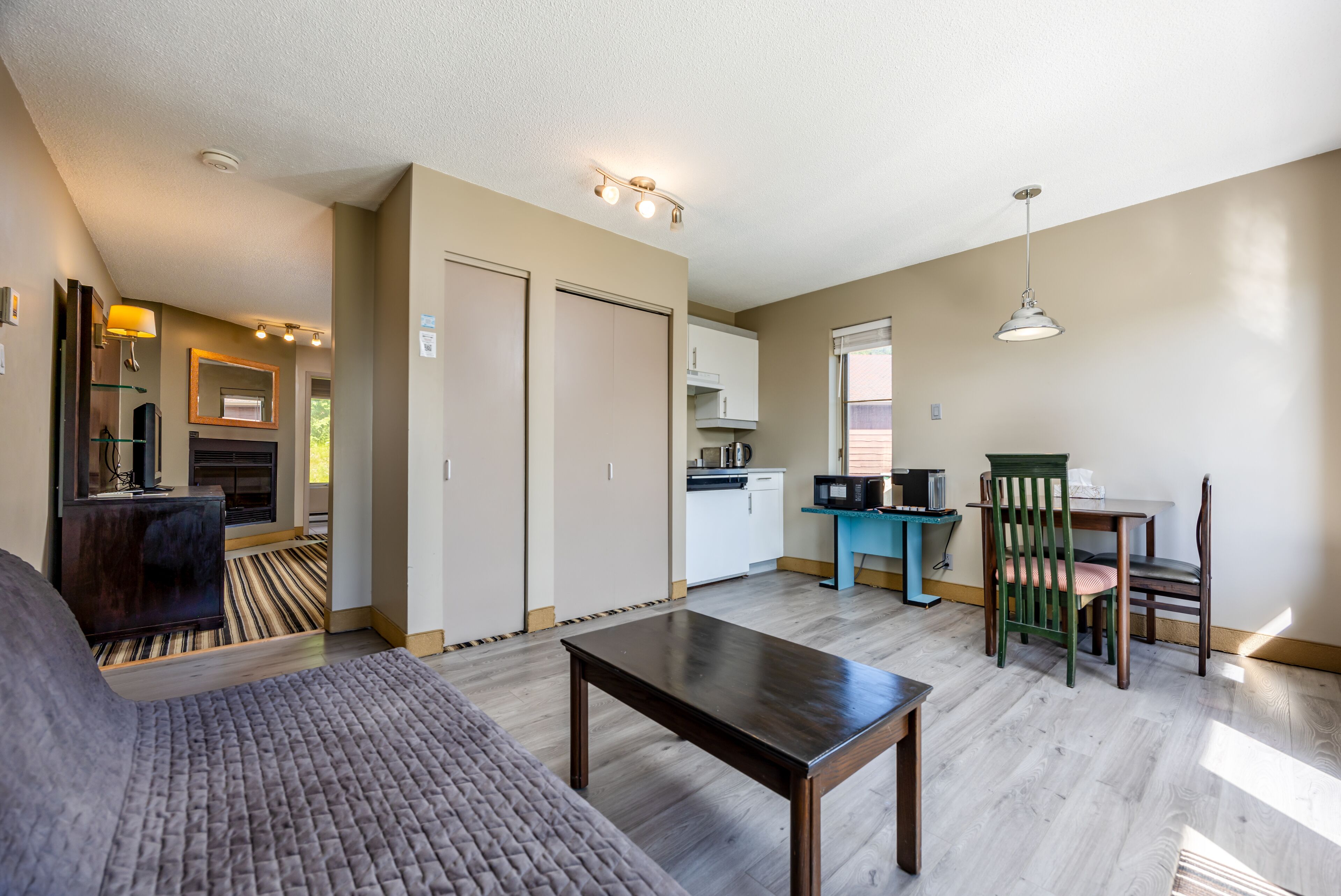 elite suite | living area | tv, fireplace