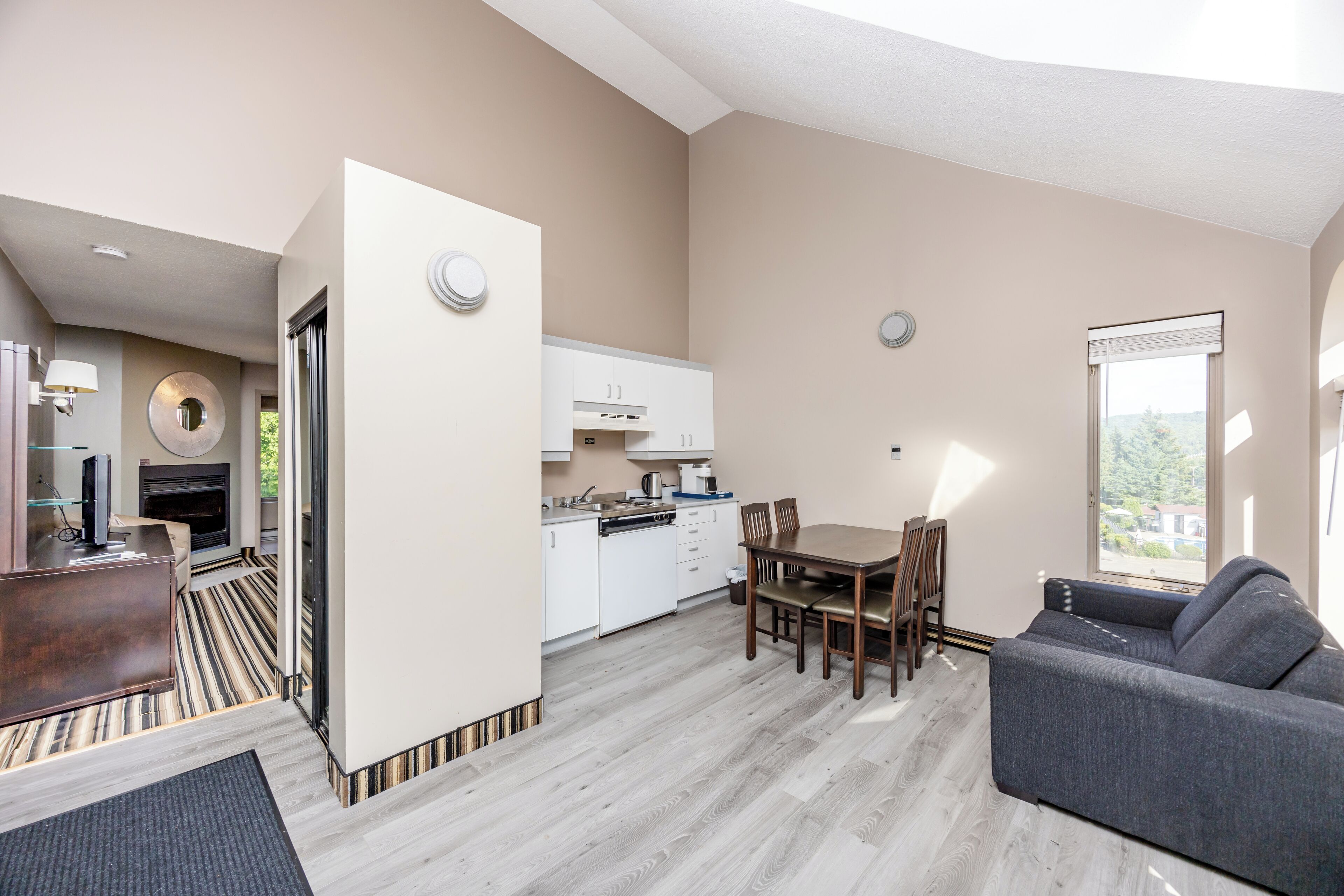 A modern living room with a sofa, a dining table, and a kitchen area with white cabinets and a built-in oven.