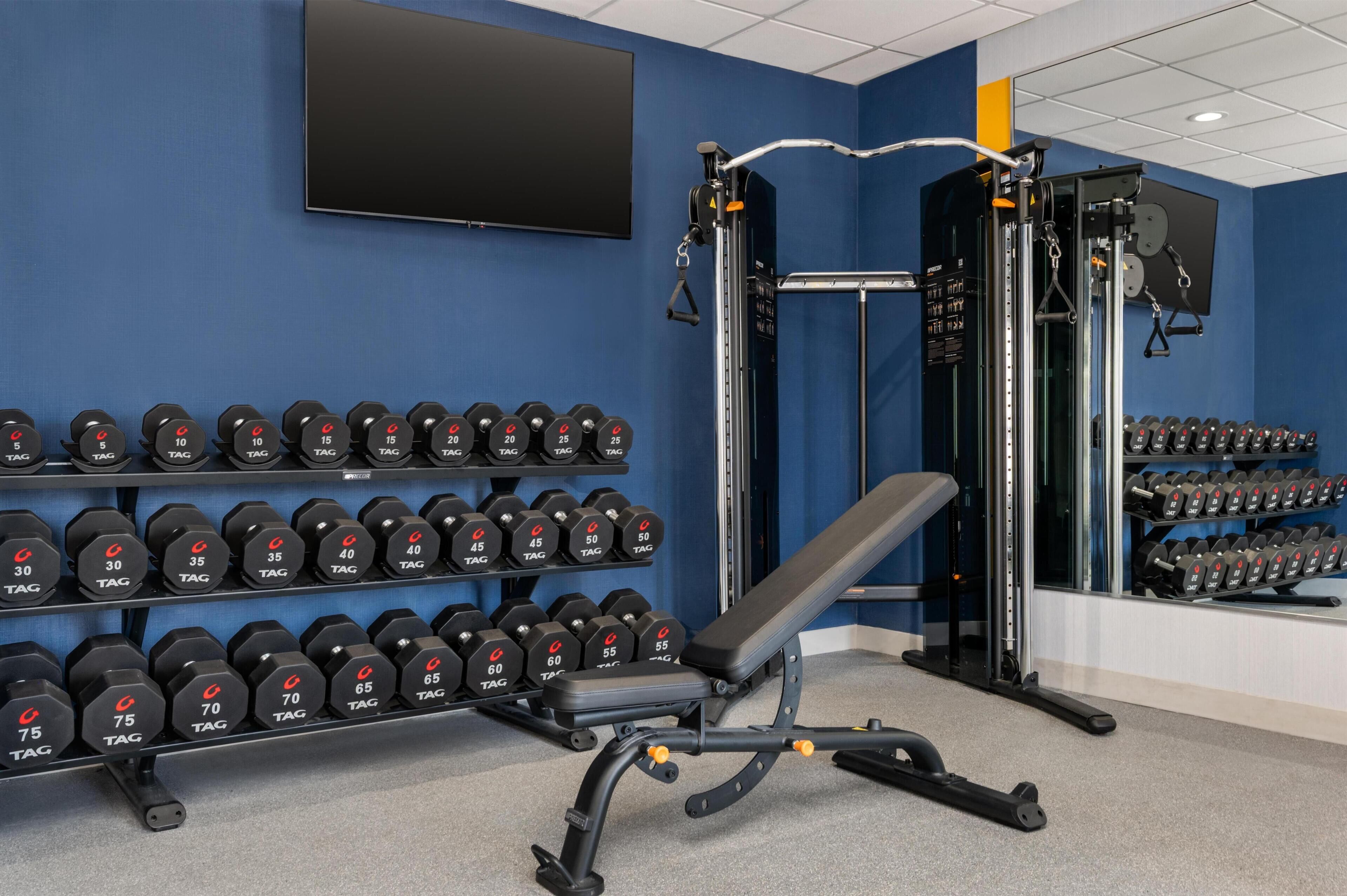 Un gimnasio con mancuernas, un banco y equipamiento para levantamiento de pesas.