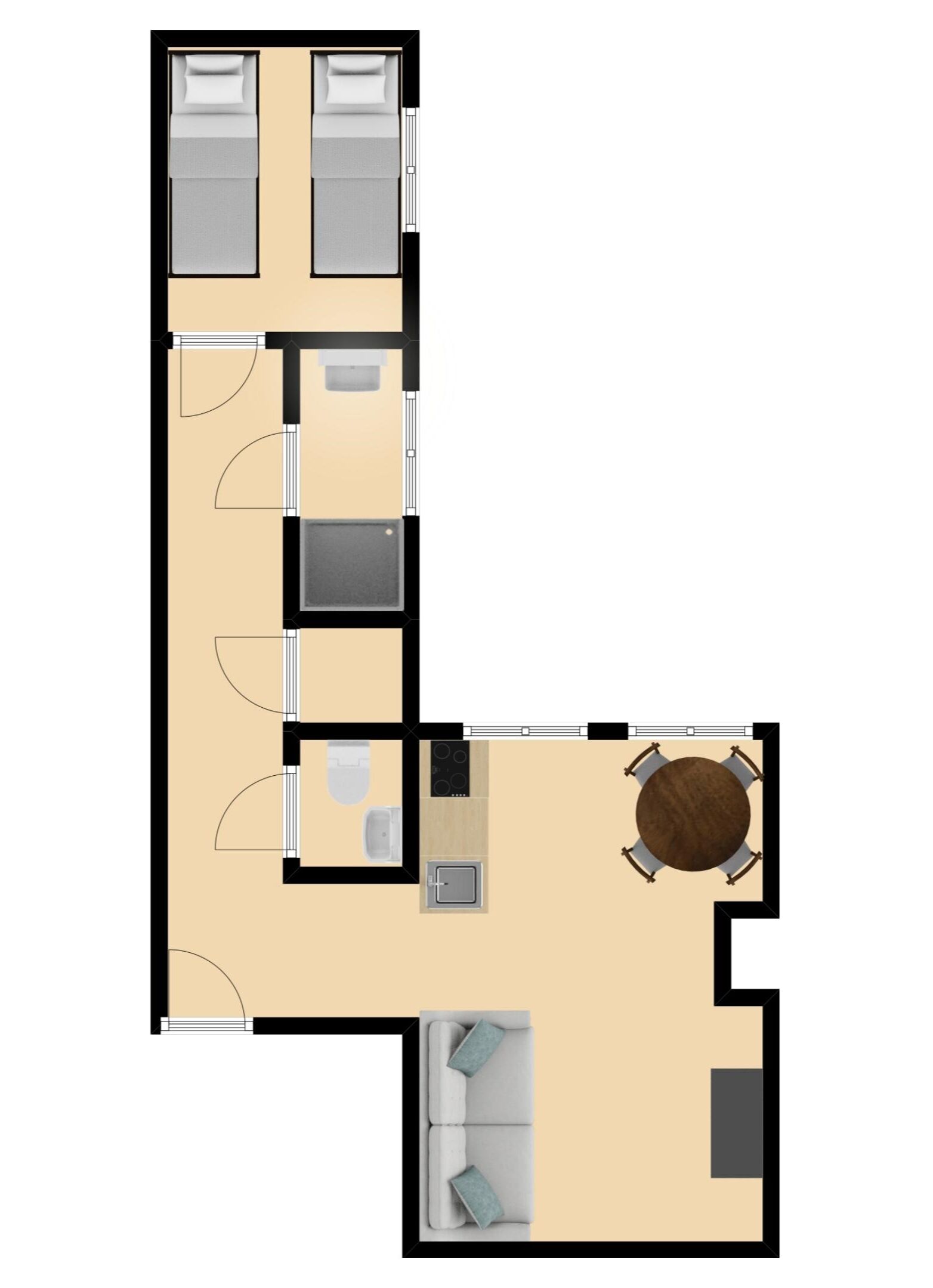 A floor plan of a hotel room with a bed, a small bathroom, a kitchenette, and a seating area with a table and chairs.
