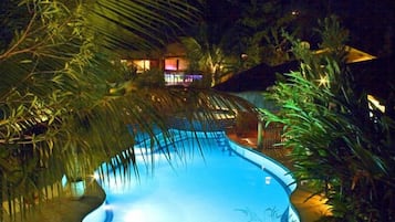 Outdoor pool, pool umbrellas, pool loungers