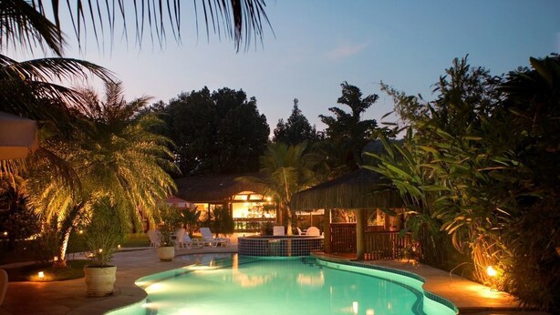 A swimming pool with a sunken hot tub, surrounded by palm trees and a thatched-roof structure.