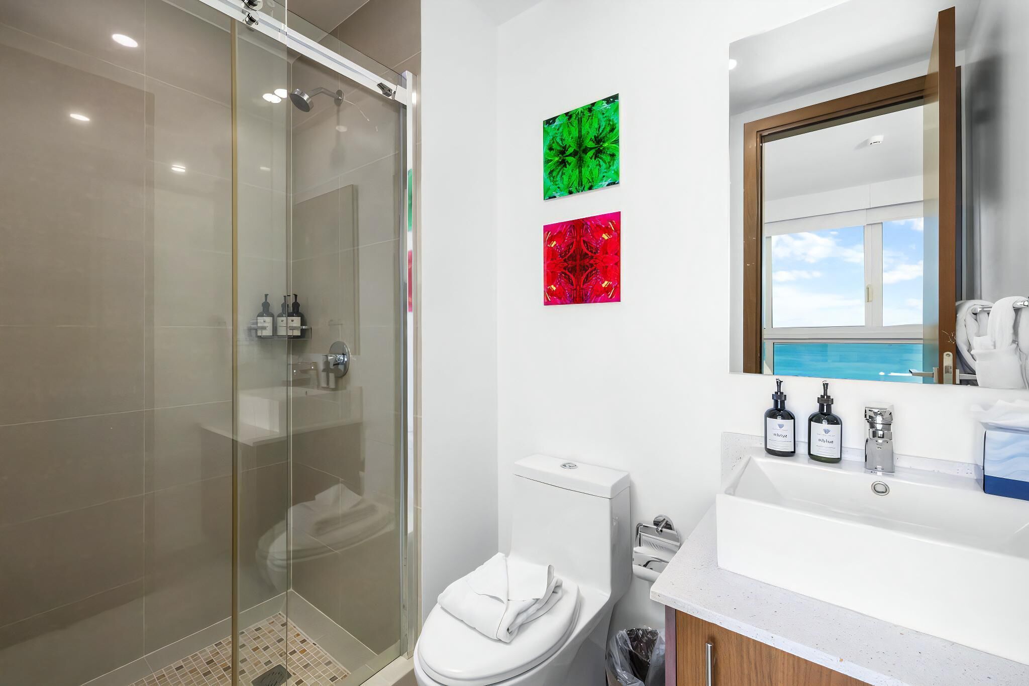 Une salle de bain moderne avec une douche à parois de verre, des toilettes blanches et un grand lavabo agrémenté de deux flacons de savon liquide.