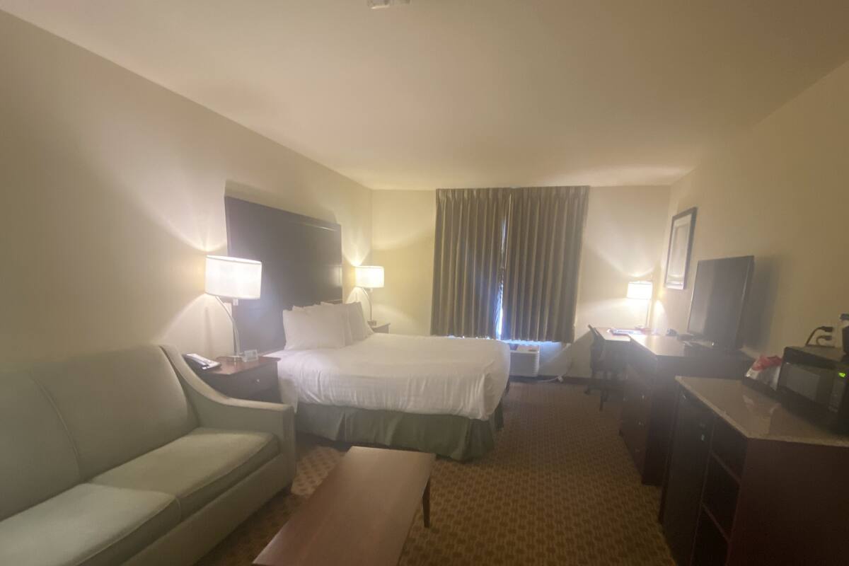Een hotelkamer met een bed, een slaapbank, een bureau, een lamp en een televisie.