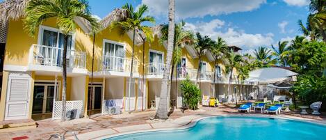 Outdoor pool, a waterfall pool