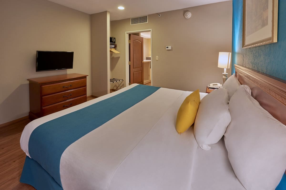 Habitación de hotel con cama, televisor, cómoda y puerta que da a un armario.