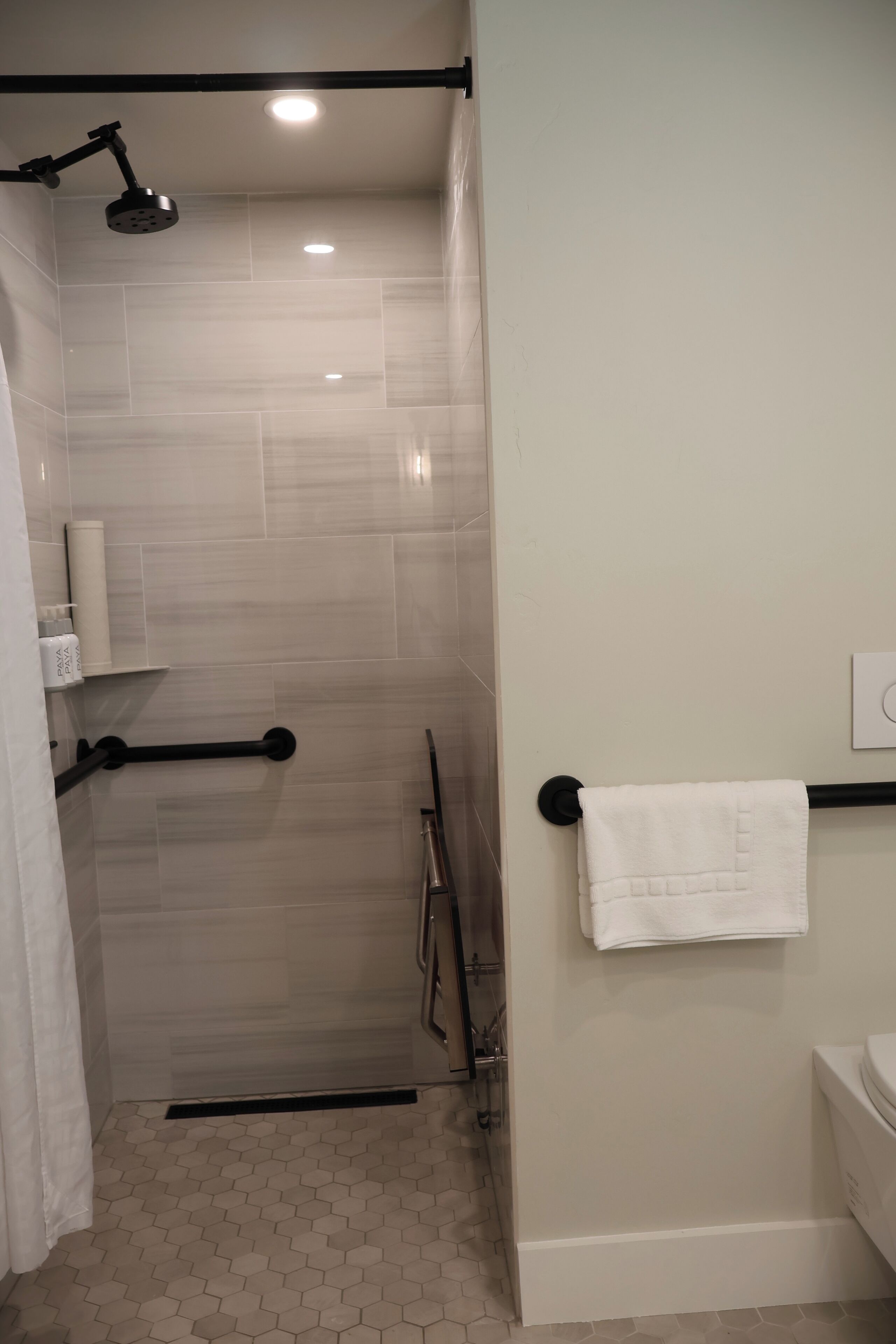 Un baño moderno con ducha, inodoro y toallero.