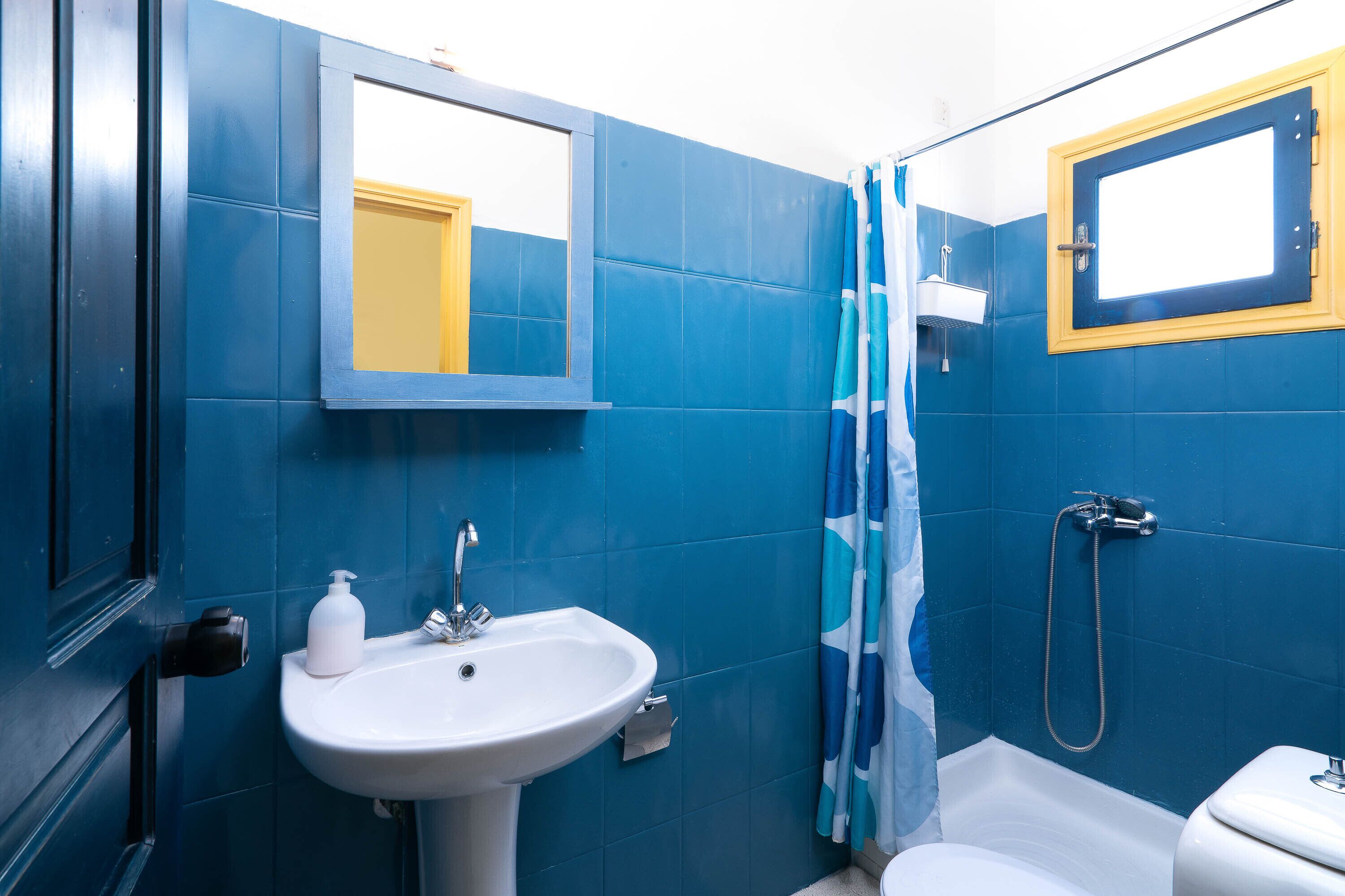 Een badkamer met blauwe tegels, een wit wastafel, een spiegel, een douche en een toilet.