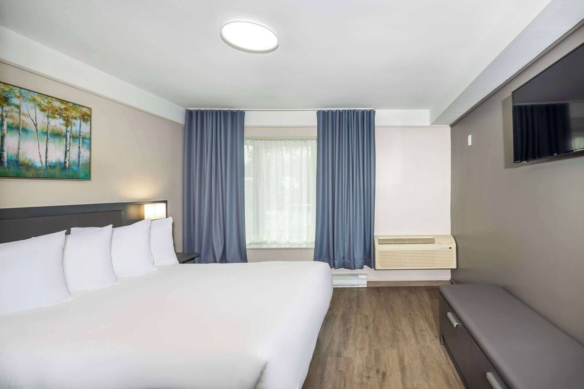 A hotel room with a large bed, a flat-screen TV, a window with curtains, a painting on the wall, and a built-in air conditioning unit.
