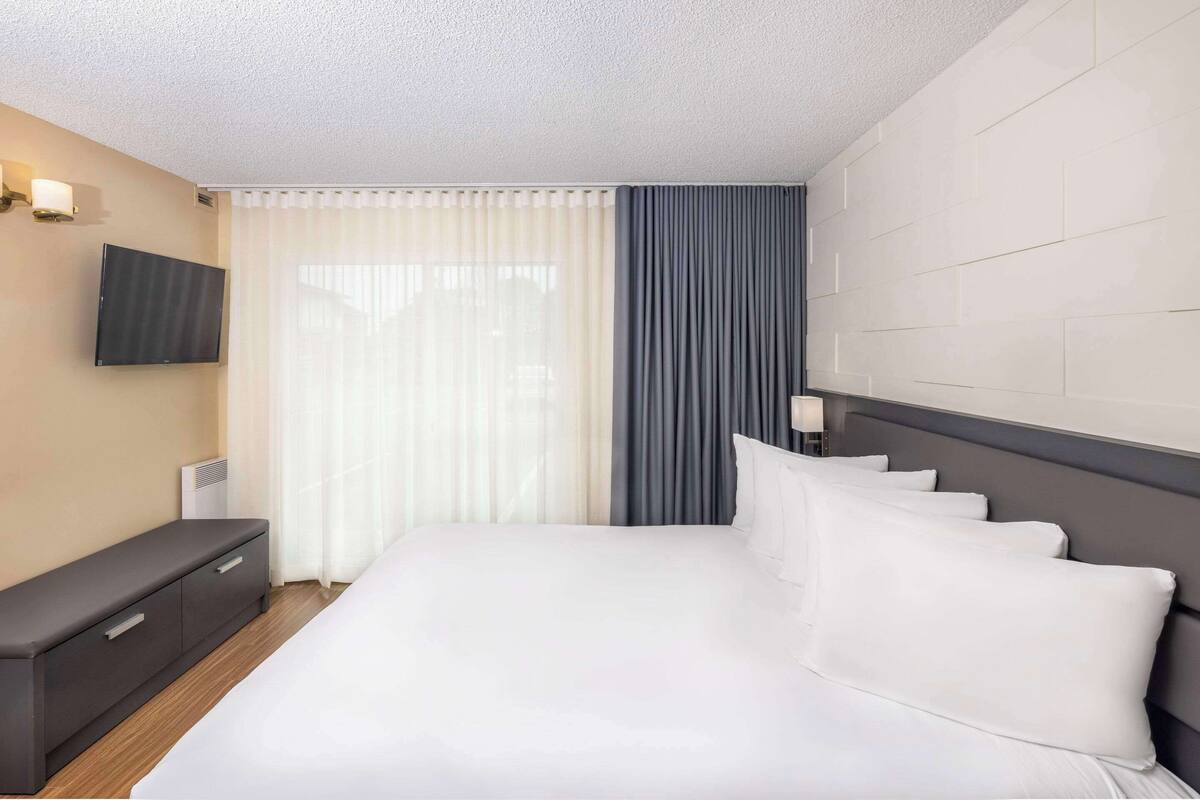 A modern hotel room with a large bed, a flat-screen TV mounted on the wall, a bedside table, and a window with sheer curtains.