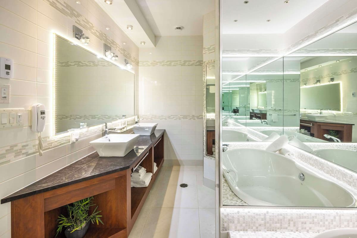 deluxe room (king, spa bath) | bathroom | free toiletries, hair dryer, towels