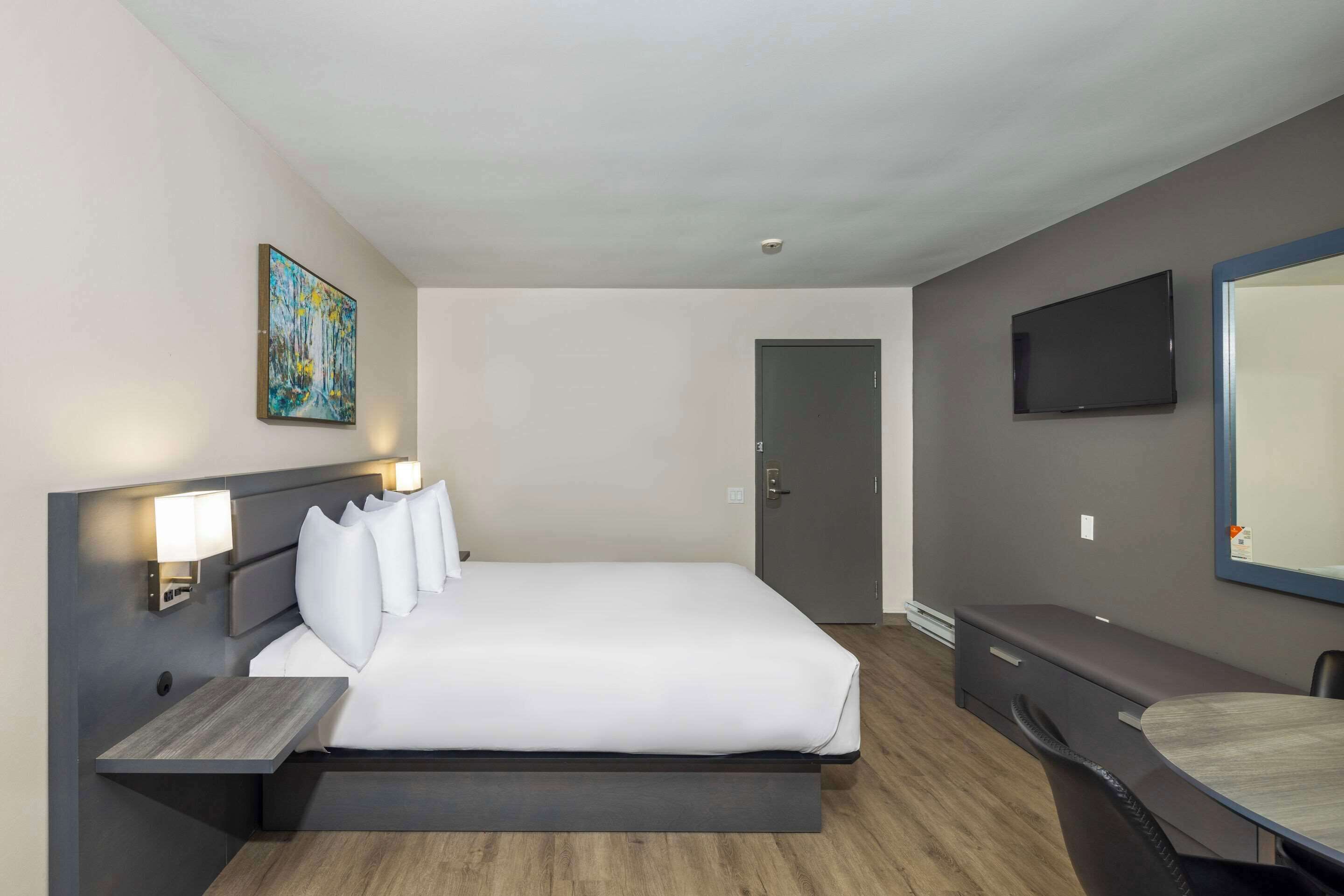 Quarto de hotel com cama, mesa de cabeceira, luminária, televisão e escrivaninha com cadeira.