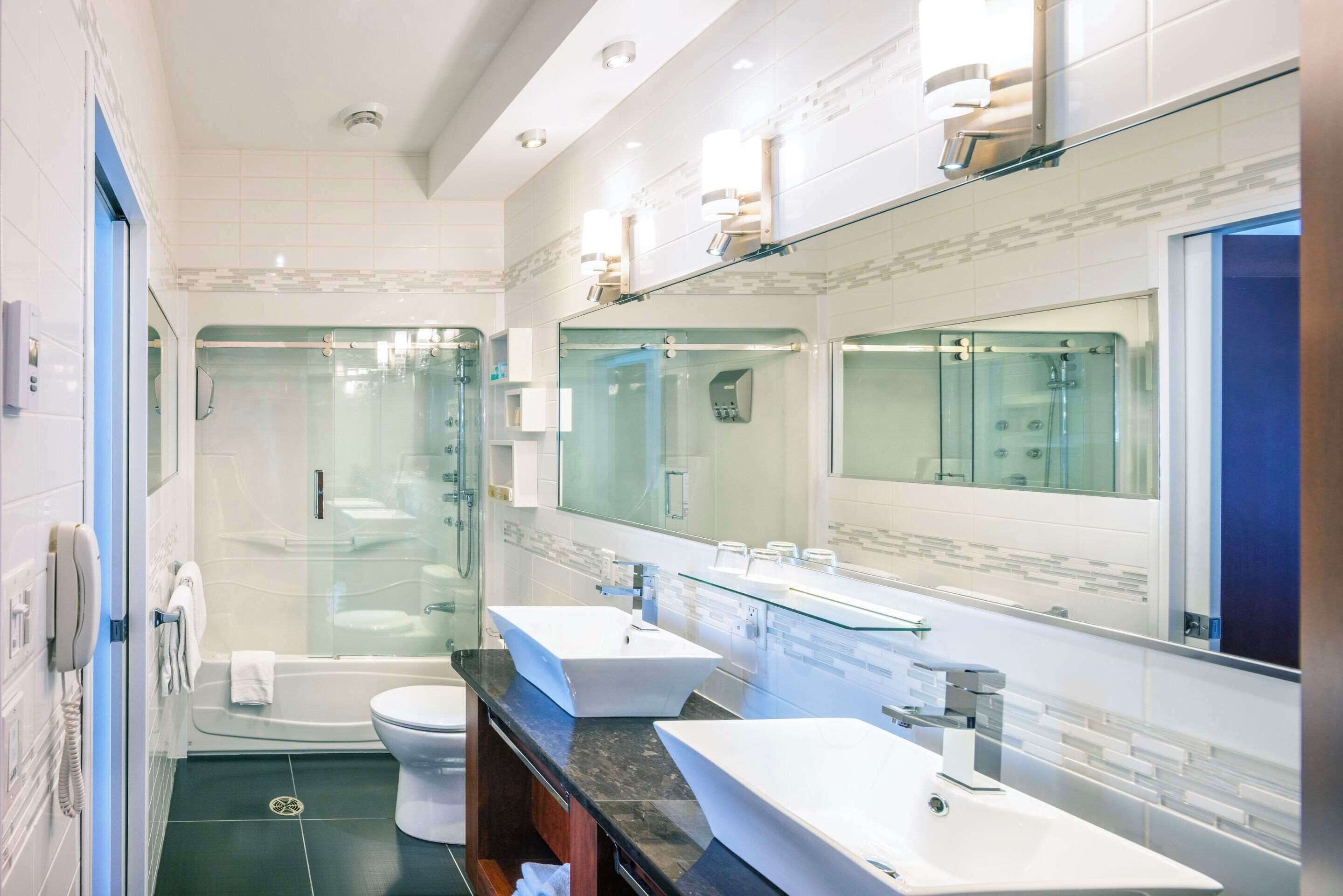 deluxe suite (family room) | bathroom | free toiletries, hair dryer, towels