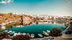 Un puerto deportivo con barcos amarrados, rodeado de edificios y árboles.