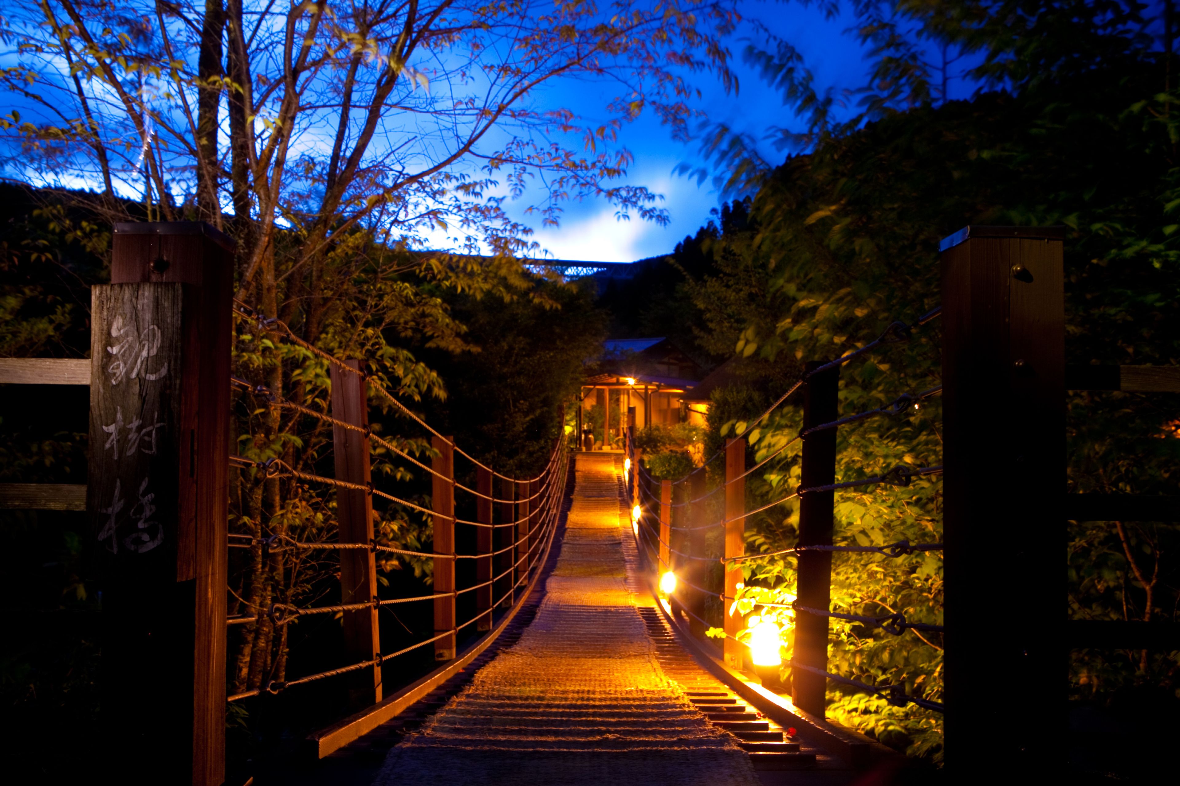 A wooden suspension bridge with railings, surrounded by trees and foliage, leading to a building with a lit entrance.