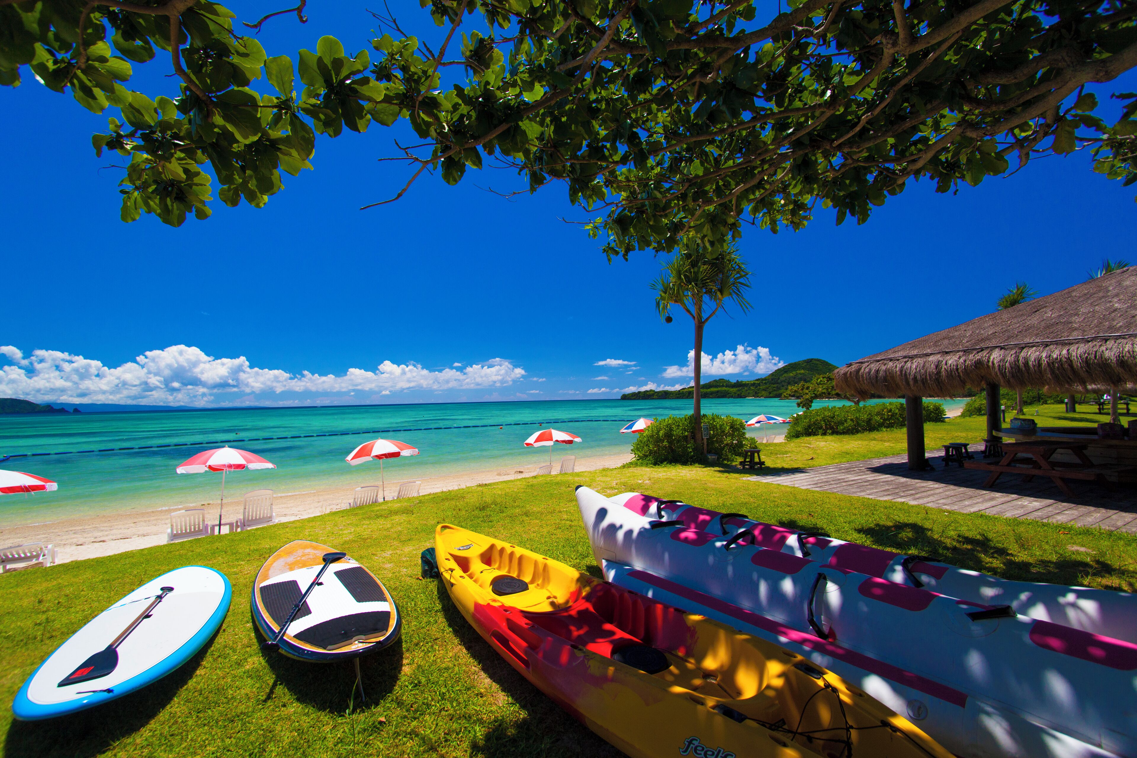 A beach with kayaks and a thatched-roof structure.