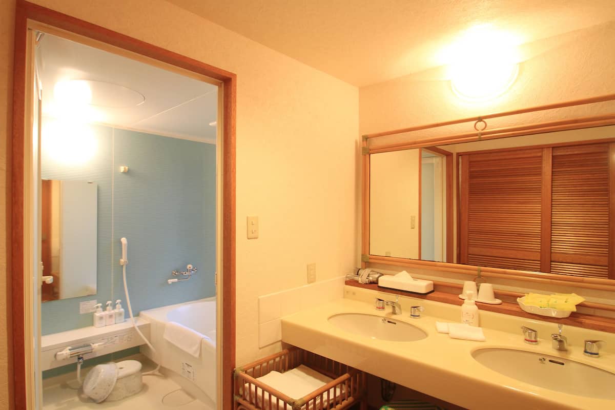 combined shower/bathtub, rainfall showerhead, free toiletries