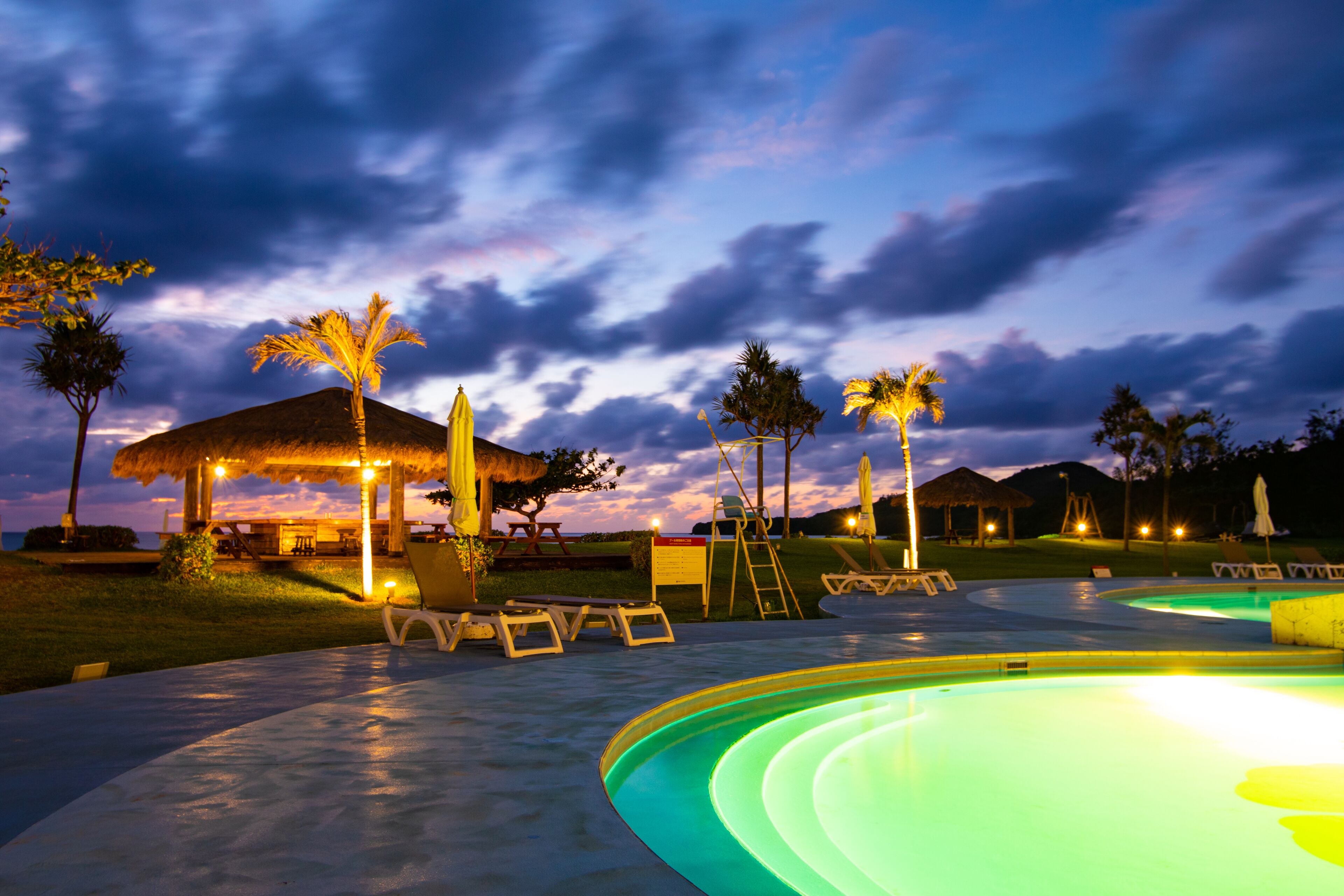 A pool area with lounge chairs, a thatched-roof structure, and palm trees.