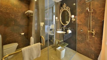 Shower, free toiletries, hair dryer, slippers