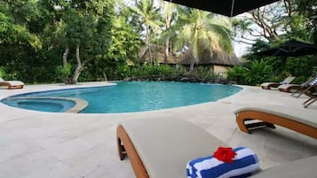 Outdoor pool, pool umbrellas, pool loungers