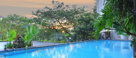 Outdoor pool, sun loungers