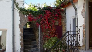 A stone staircase leading to a door, surrounded by red-leaved vines and a metal railing. - Hotel Rhein-Mosel-View (Urbar)