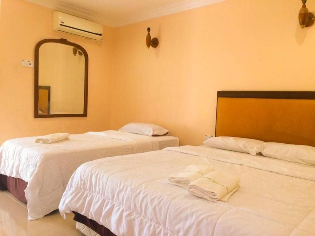 Ein Hotelzimmer mit zwei Einzelbetten, einem großen Spiegel, einer Klimaanlage und einem hölzernen Kopfteil.