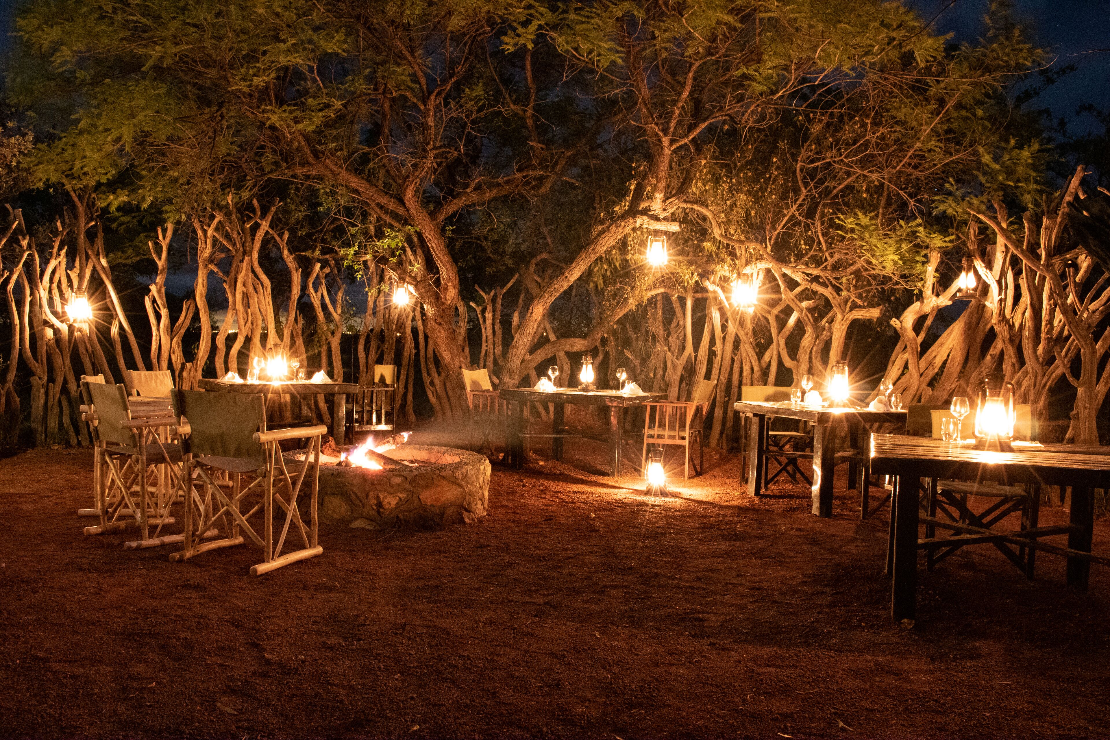 An outdoor dining area with tables and chairs arranged under trees, surrounded by a rustic wooden fence.