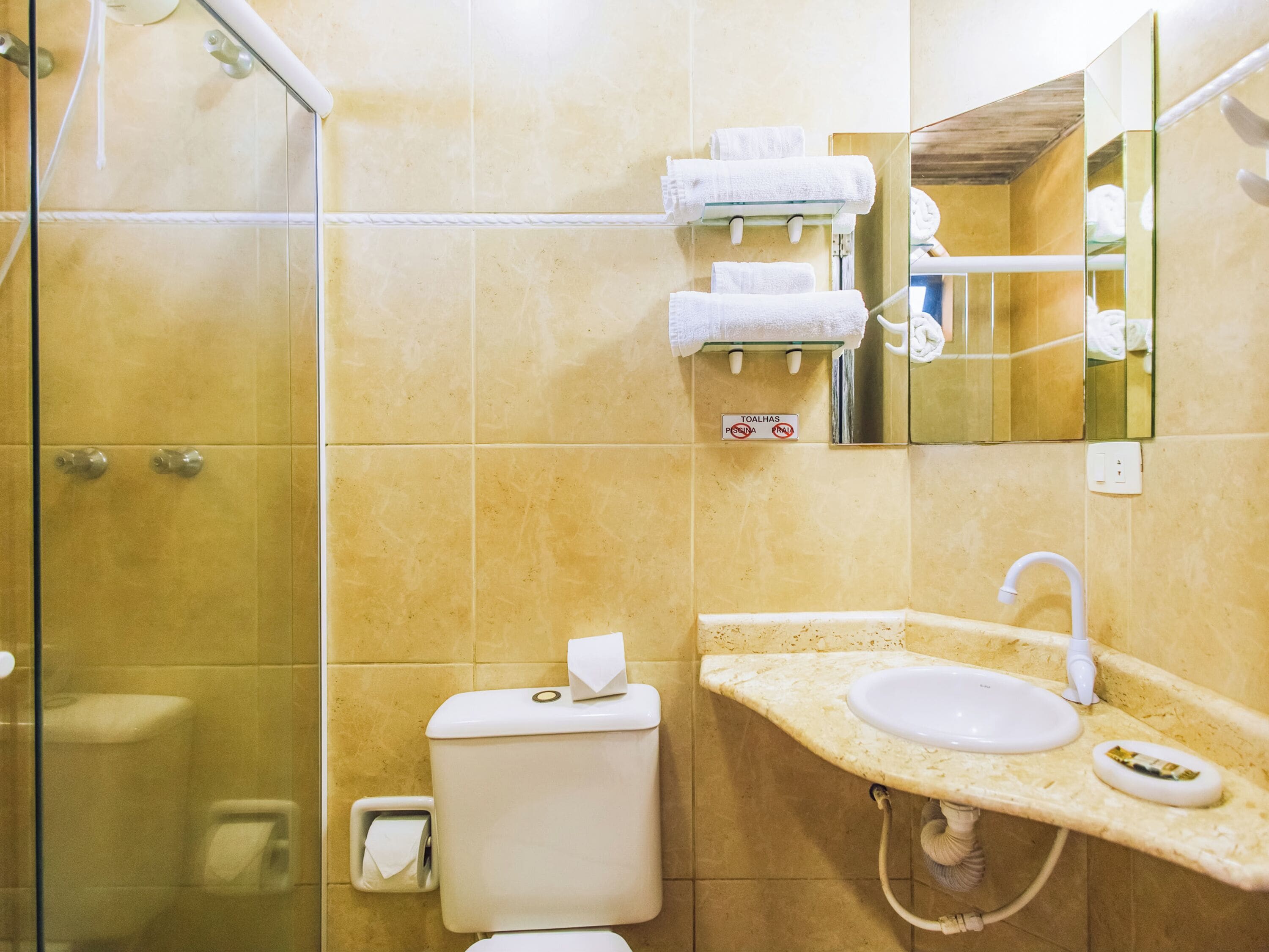 family room | bathroom | shower, designer toiletries, hair dryer, towels