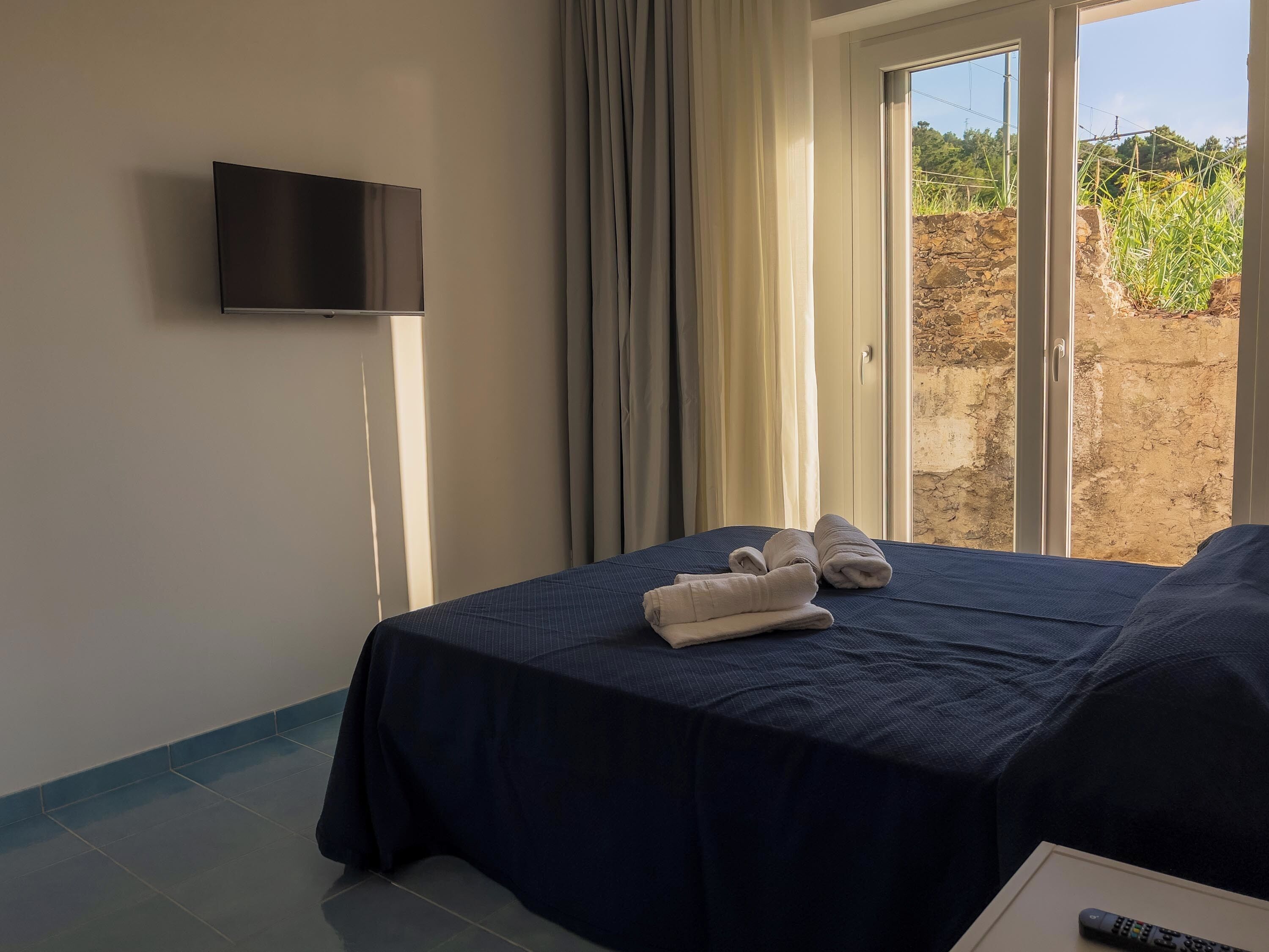 A hotel room with a bed, a TV mounted on the wall, and a view of greenery through a window.