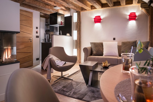 Duplex Apartment(1-4 people) with Fireplace and Hammam | Living area | Flat-screen TV, fireplace, computer, pay films