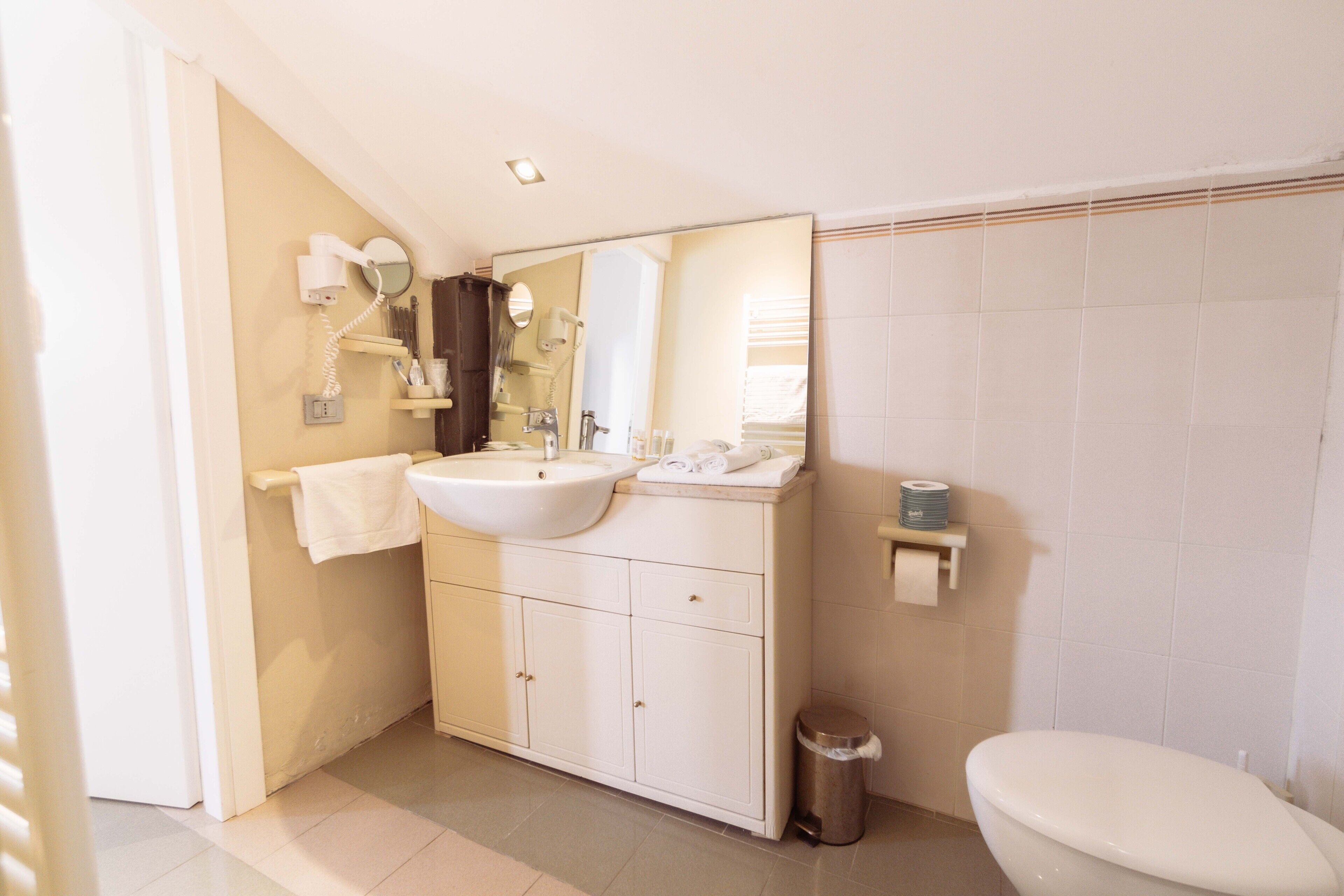 Ein Badezimmer mit Waschbecken, Spiegel, Handtuchhalter und Toilette.