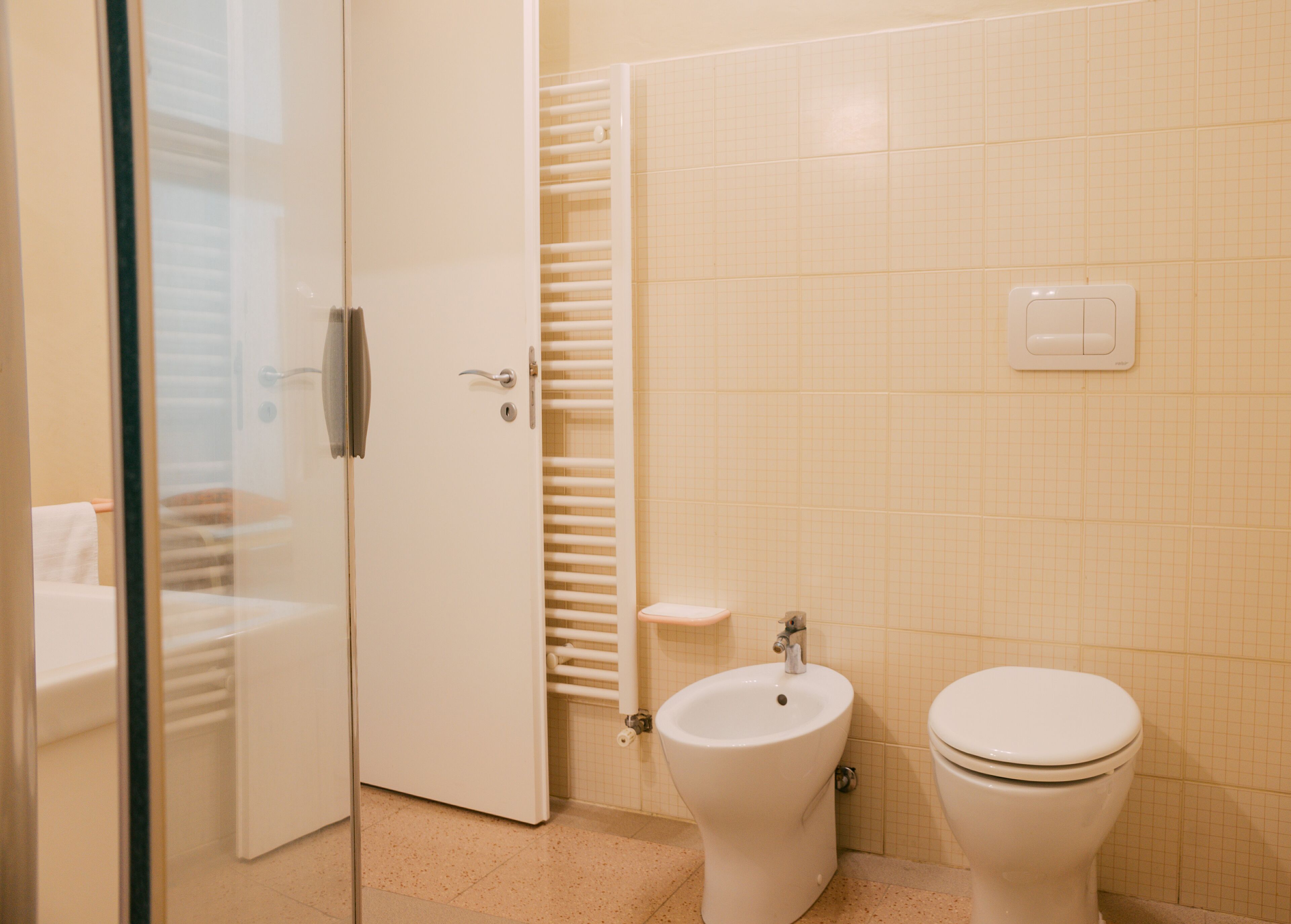 A bathroom with a toilet, bidet, and a glass door leading to a shower area.