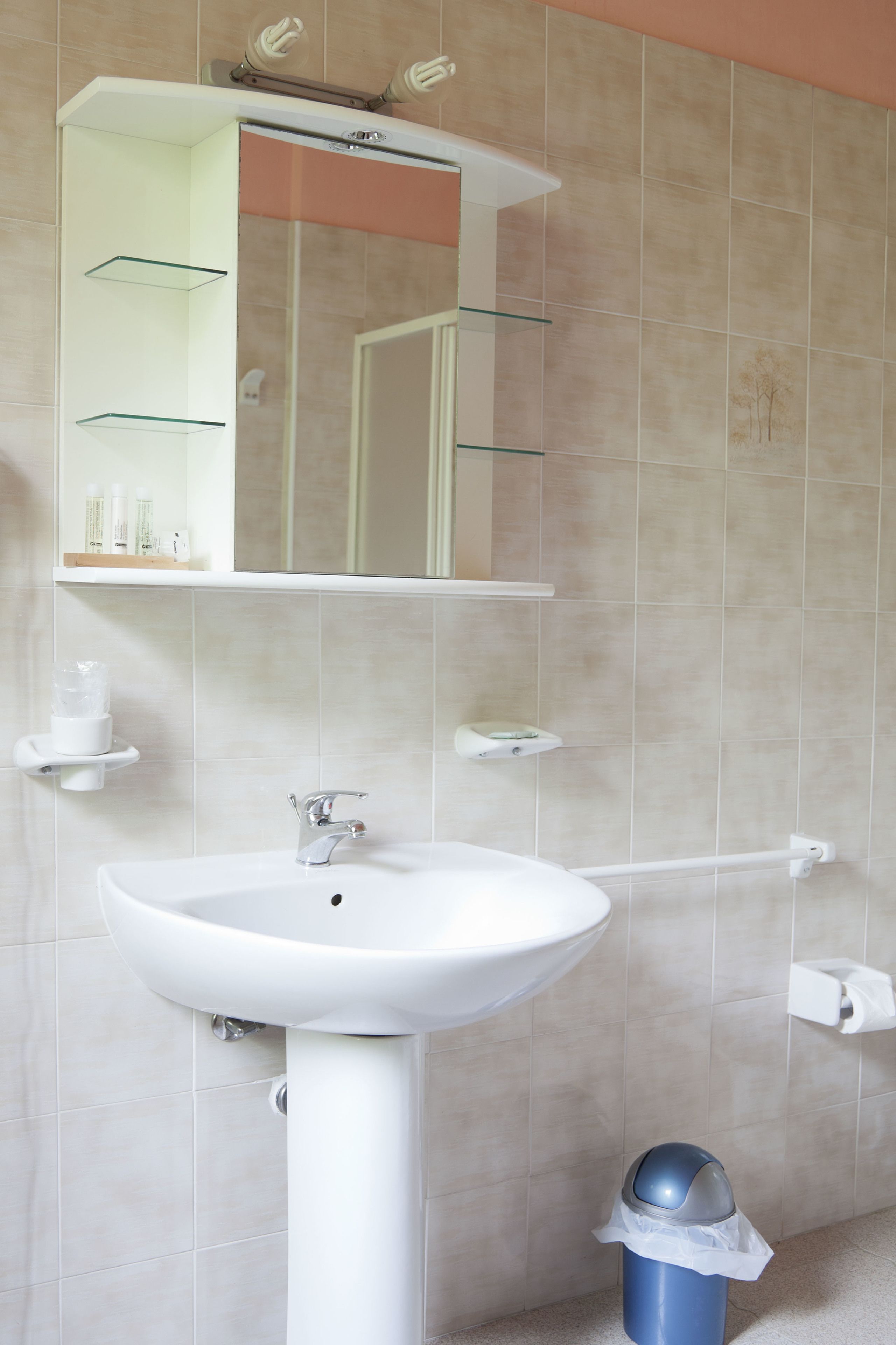 A bathroom with a white sink, a mirror, and a blue trash bin.