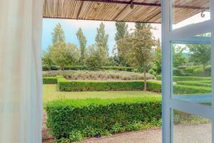 Vista desde el interior de un edificio hacia un jardín cuidado, con setos y árboles perfectamente recortados.