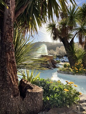 A serene outdoor area with a water feature, palm trees, and a stone pathway. - Casa de Fruta Cabins, Inn & RV Park (Hollister)