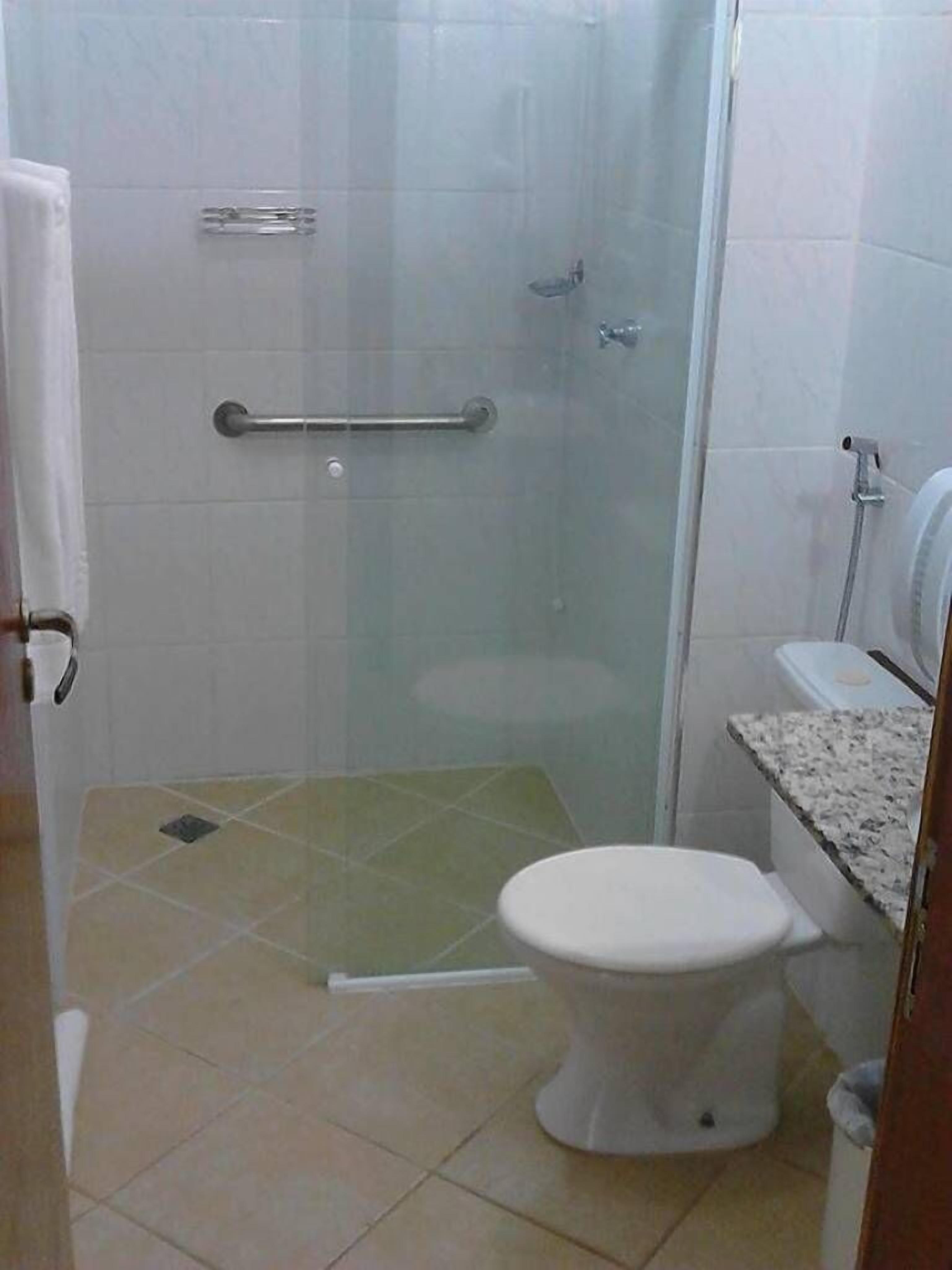 A bathroom with a glass-enclosed shower, a white toilet, and a granite countertop.