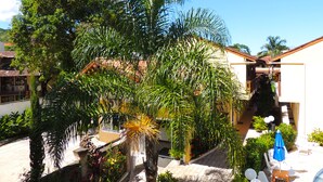 Un patio con una palmera, una piscina pequeña y mobiliario de exterior.