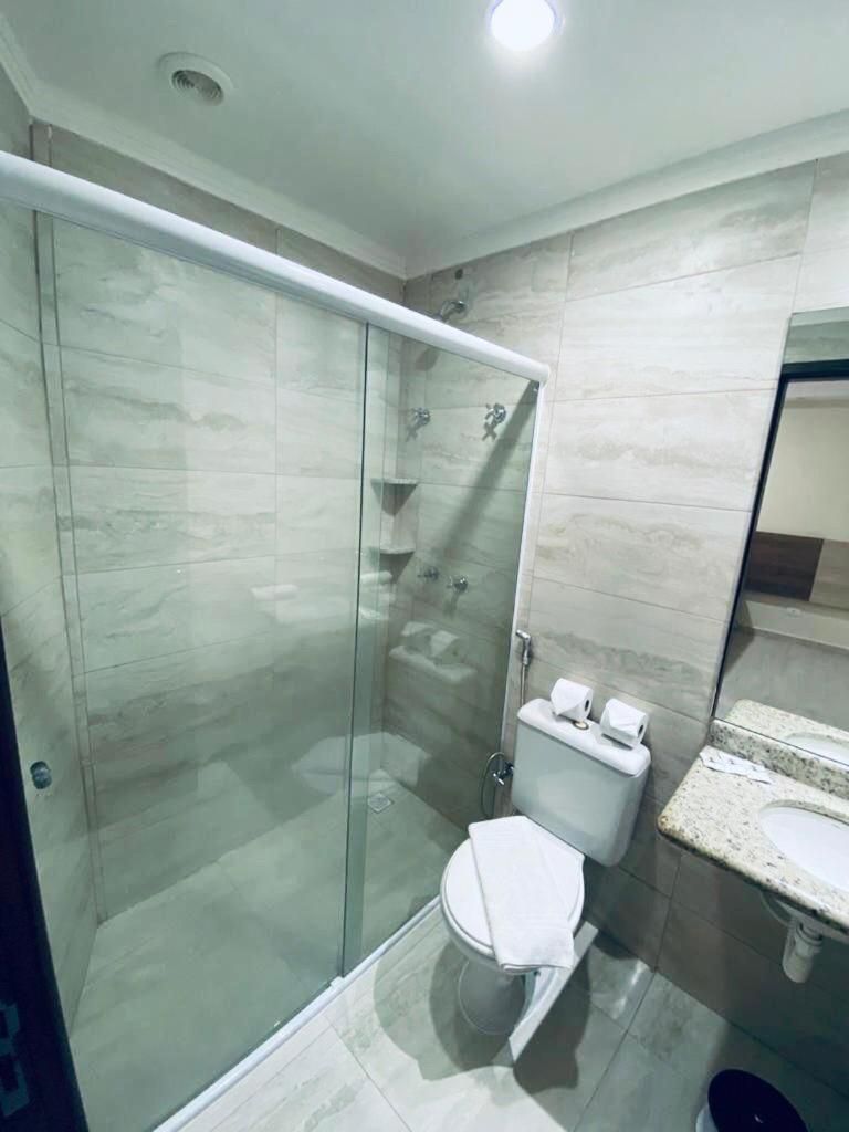 A modern bathroom with a glass-enclosed shower, a toilet, and a sink.