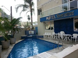 Outdoor pool, open 10 AM to 8 PM, sun loungers